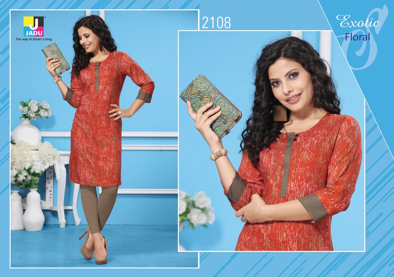Lily By Jadu 2101 To 2108 Series Beautiful Colorful Stylish Fancy Casual Wear & Ethnic Wear & Ready To Wear Heavy Rayon Kurtis At Wholesale Price