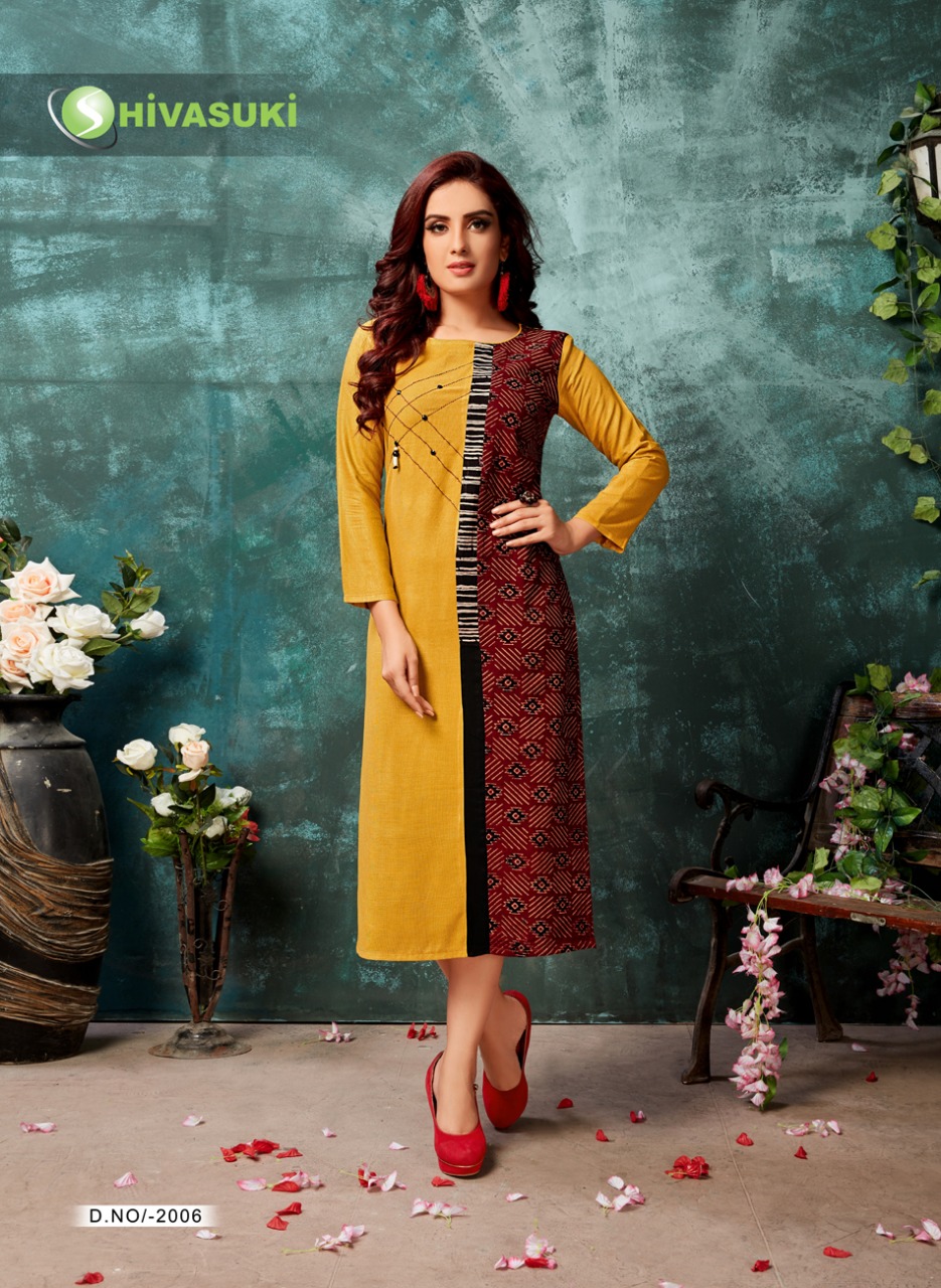 Looks By Hivasuki 2001 To 2008 Series Stylish Beautiful Fancy Colorful Casual Wear & Ethnic Wear Rayon & Ajrakh Printed Kurtis At Wholesale Price