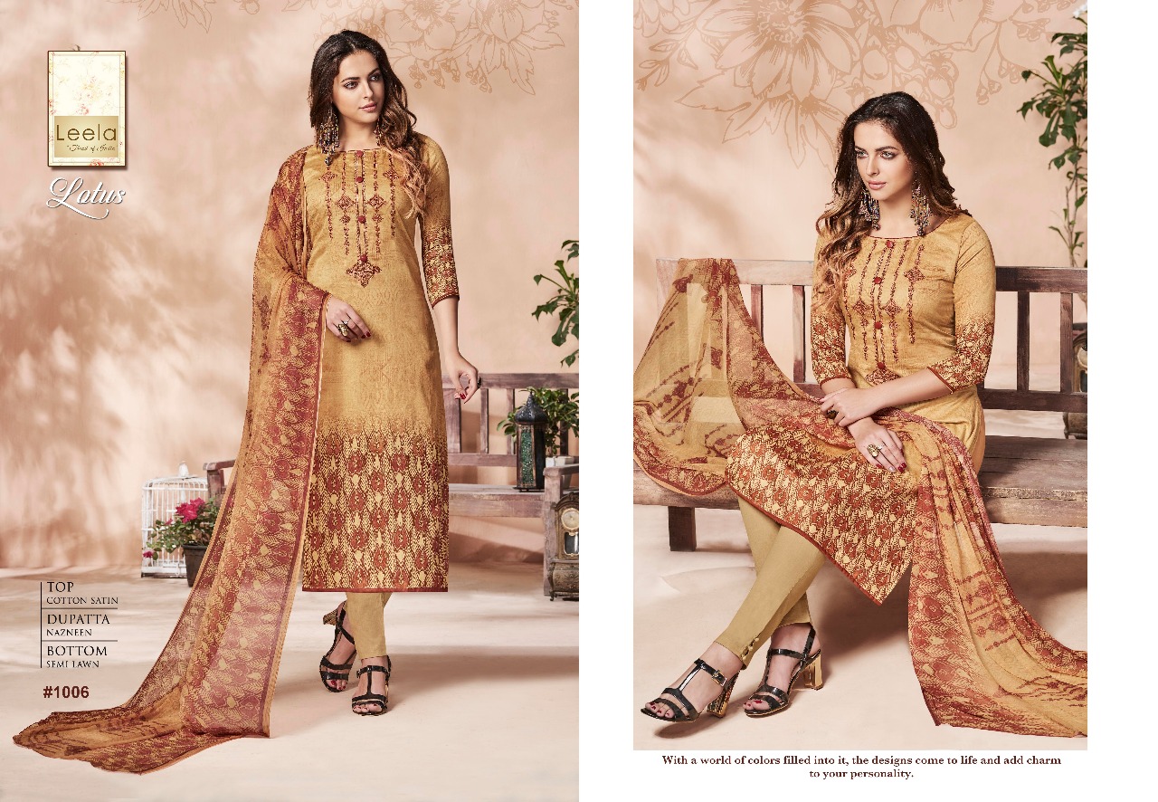 Lotus By Leela 1001 To 1006 Series Beautiful Stylish Fancy Colorful Casual Wear & Ethnic Wear Cotton Satin Embroidered Dresses At Wholesale Price