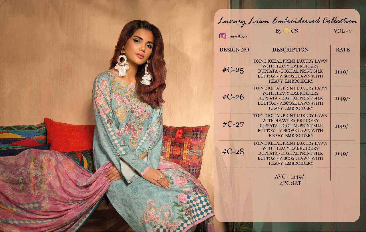 Luxury Lawn Embroidered Collection Vol-7 By Cs 25 To 28 Series Designer Pakistani Suits Colorful Stylish Fancy Beautiful Collection Casual Wear & Ethnic Wear Lawn Digital Print With Embroidery Dresses At Wholesale Price