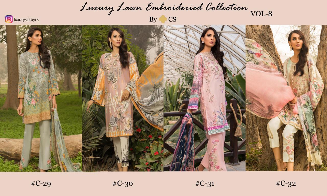 Luxury Lawn Embroideried Collection Vol-8 By Cs 29 To Cs 32 Series Designer Pakistani Suits Colorful Stylish Fancy Beautiful Collection Casual Wear & Ethnic Wear Luxury Lawn Digital Print With Embroidery Dresses At Wholesale Price