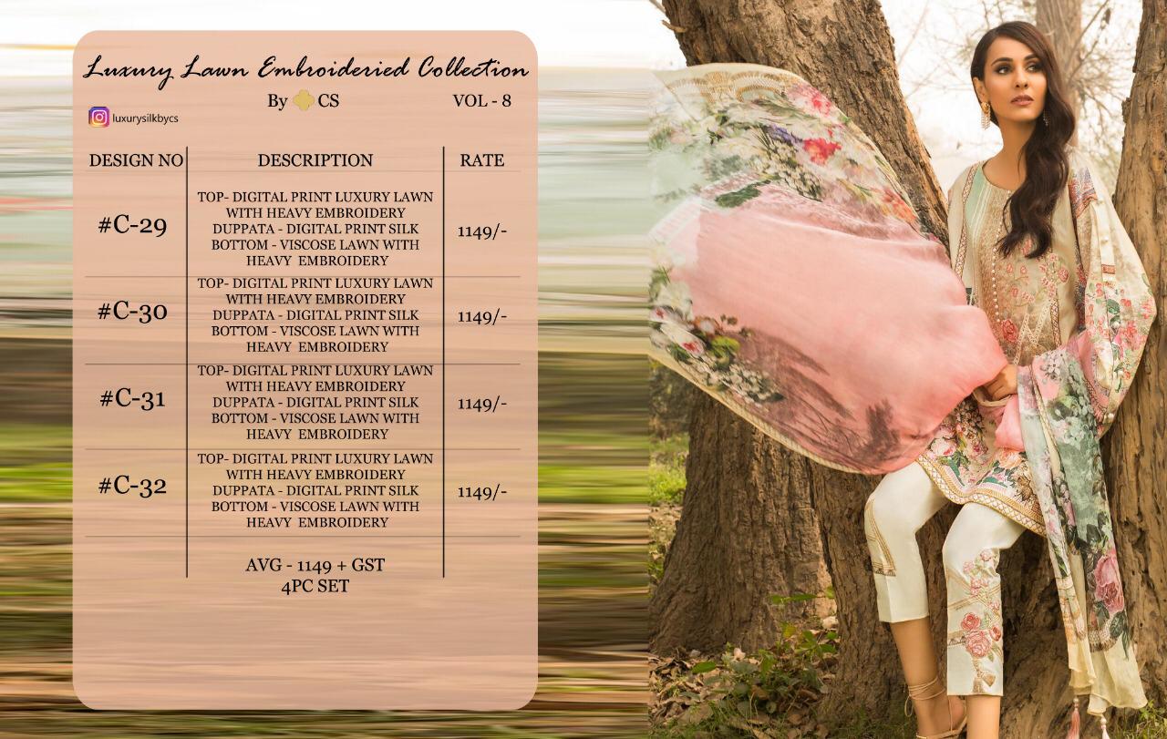 Luxury Lawn Embroideried Collection Vol-8 By Cs 29 To Cs 32 Series Designer Pakistani Suits Colorful Stylish Fancy Beautiful Collection Casual Wear & Ethnic Wear Luxury Lawn Digital Print With Embroidery Dresses At Wholesale Price