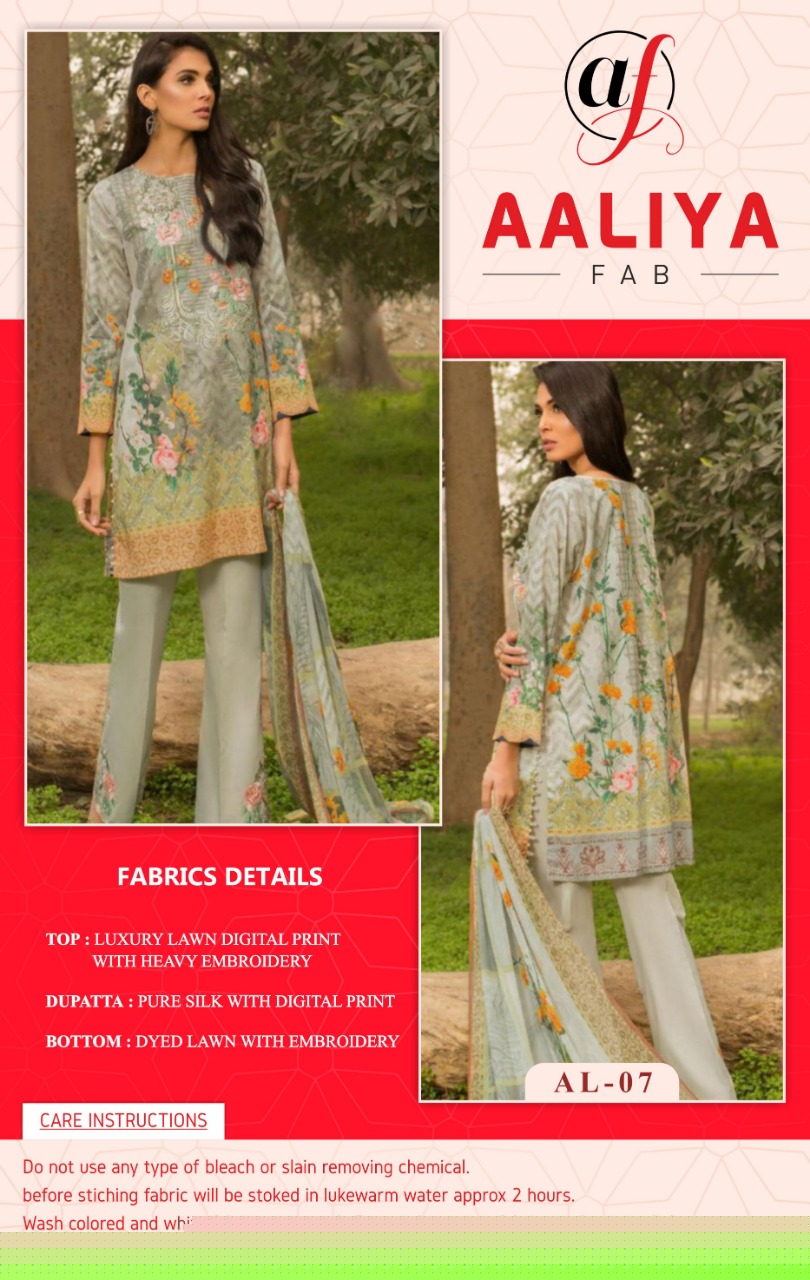 Luxury Lawn Embroidery Collection By Aaliya Fab 07 To 10 Series Pakistani Stylish Beautiful Colourful Printed & Embroidered Party Wear & Occasional Wear Luxury Lawn Digital Print With Heavy Embroidery Dresses At Wholesale Price