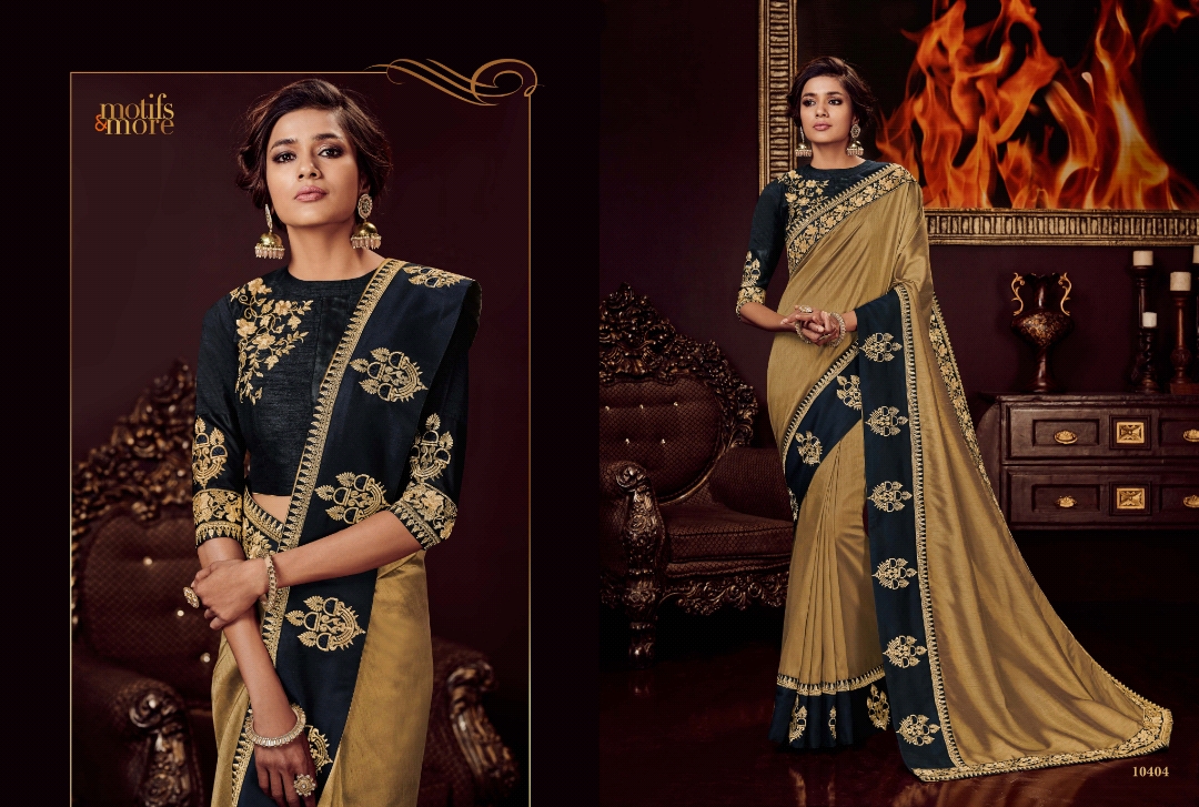 M & M Vol-4 By Motifs & More 10401 To 10419 Series Indian Traditional Wear Collection Beautiful Stylish Fancy Colorful Party Wear & Occasional Wear Georgette Satin Embroidered Sarees At Wholesale Price