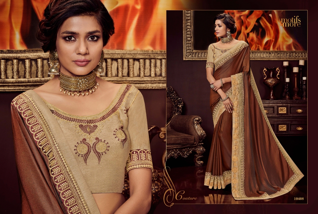 M & M Vol-4 By Motifs & More 10401 To 10419 Series Indian Traditional Wear Collection Beautiful Stylish Fancy Colorful Party Wear & Occasional Wear Georgette Satin Embroidered Sarees At Wholesale Price