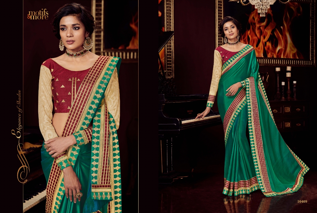 M & M Vol-4 By Motifs & More 10401 To 10419 Series Indian Traditional Wear Collection Beautiful Stylish Fancy Colorful Party Wear & Occasional Wear Georgette Satin Embroidered Sarees At Wholesale Price