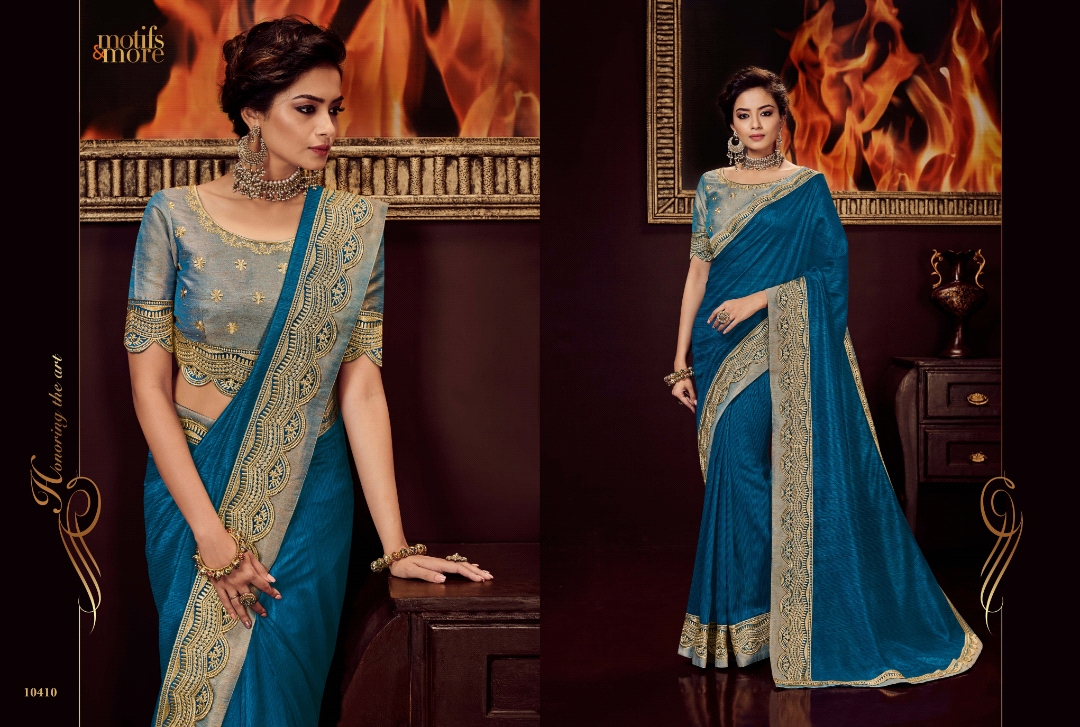 M & M Vol-4 By Motifs & More 10401 To 10419 Series Indian Traditional Wear Collection Beautiful Stylish Fancy Colorful Party Wear & Occasional Wear Georgette Satin Embroidered Sarees At Wholesale Price