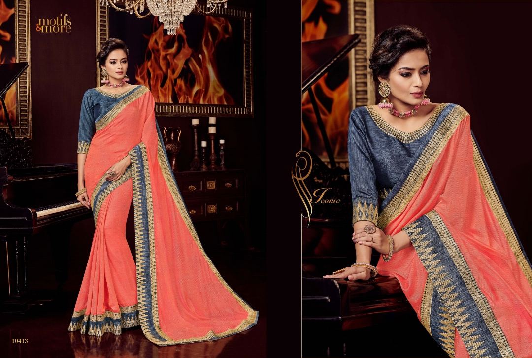 M & M Vol-4 By Motifs & More 10401 To 10419 Series Indian Traditional Wear Collection Beautiful Stylish Fancy Colorful Party Wear & Occasional Wear Georgette Satin Embroidered Sarees At Wholesale Price
