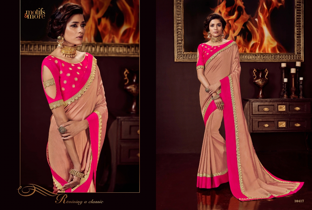 M & M Vol-4 By Motifs & More 10401 To 10419 Series Indian Traditional Wear Collection Beautiful Stylish Fancy Colorful Party Wear & Occasional Wear Georgette Satin Embroidered Sarees At Wholesale Price