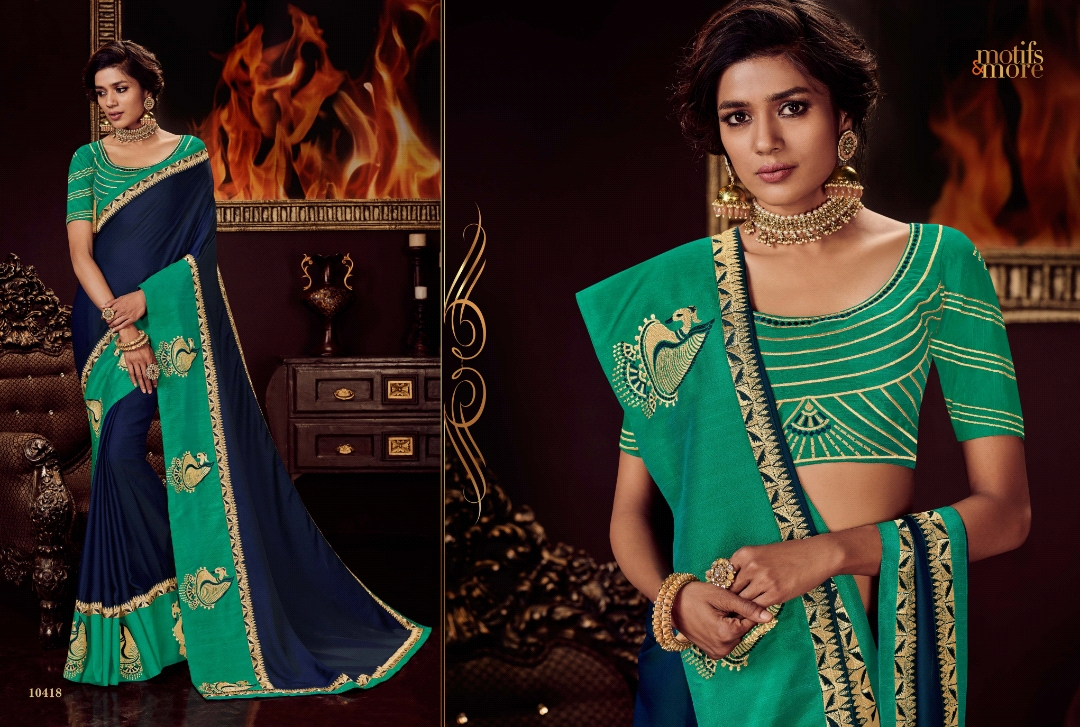 M & M Vol-4 By Motifs & More 10401 To 10419 Series Indian Traditional Wear Collection Beautiful Stylish Fancy Colorful Party Wear & Occasional Wear Georgette Satin Embroidered Sarees At Wholesale Price