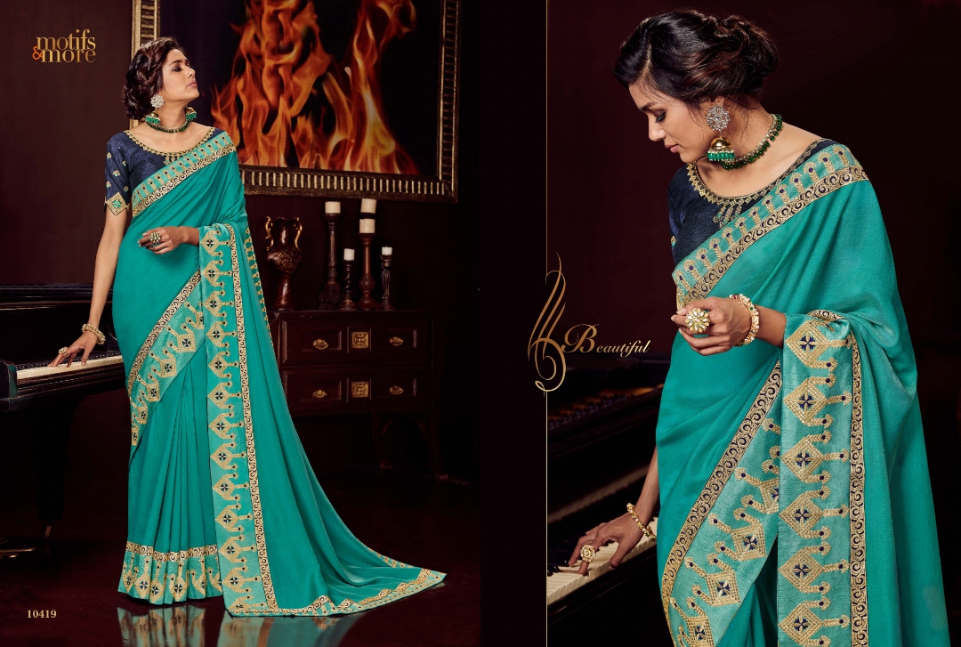 M & M Vol-4 By Motifs & More 10401 To 10419 Series Indian Traditional Wear Collection Beautiful Stylish Fancy Colorful Party Wear & Occasional Wear Georgette Satin Embroidered Sarees At Wholesale Price