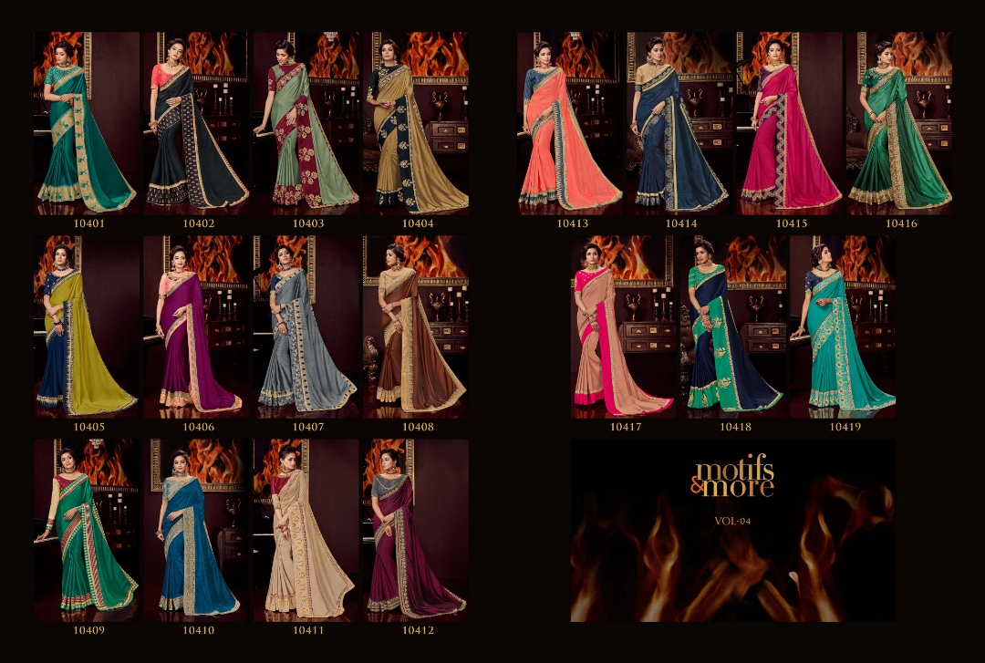 M & M Vol-4 By Motifs & More 10401 To 10419 Series Indian Traditional Wear Collection Beautiful Stylish Fancy Colorful Party Wear & Occasional Wear Georgette Satin Embroidered Sarees At Wholesale Price