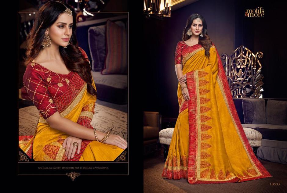 M & M Vol-5 By Motifs & More 10501 To 10515 Series Indian Traditional Wear Collection Beautiful Stylish Fancy Colorful Party Wear & Occasional Wear Fancy Embroidered Sarees At Wholesale Price
