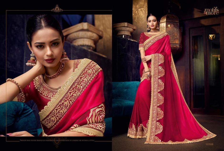 M & M Vol-5 By Motifs & More 10501 To 10515 Series Indian Traditional Wear Collection Beautiful Stylish Fancy Colorful Party Wear & Occasional Wear Fancy Embroidered Sarees At Wholesale Price