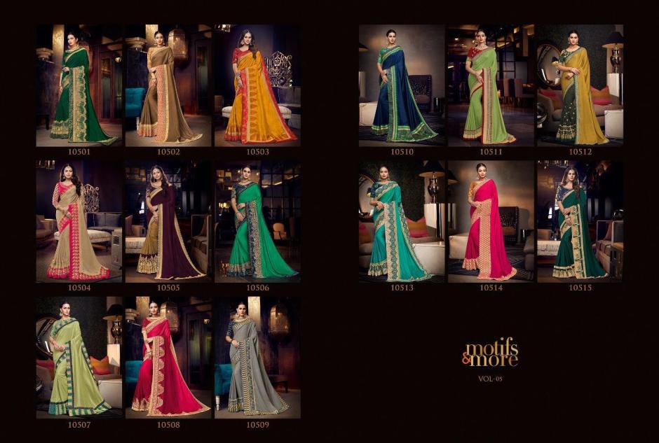 M & M Vol-5 By Motifs & More 10501 To 10515 Series Indian Traditional Wear Collection Beautiful Stylish Fancy Colorful Party Wear & Occasional Wear Fancy Embroidered Sarees At Wholesale Price