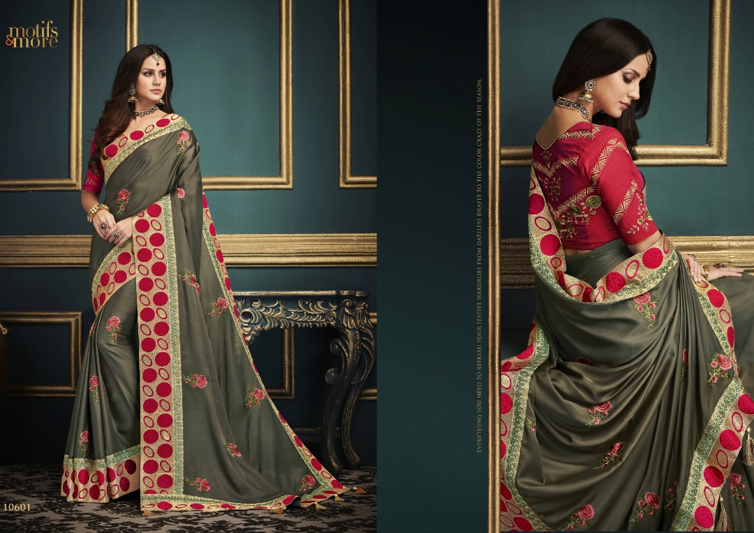 M & M Vol-6 By Motifs & More 10601 To 10615 Series Indian Traditional Wear Collection Beautiful Stylish Fancy Colorful Party Wear & Occasional Wear Fancy Embroidered Sarees At Wholesale Price