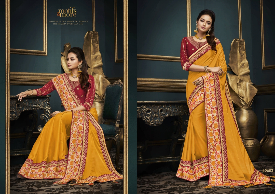 M & M Vol-6 By Motifs & More 10601 To 10615 Series Indian Traditional Wear Collection Beautiful Stylish Fancy Colorful Party Wear & Occasional Wear Fancy Embroidered Sarees At Wholesale Price