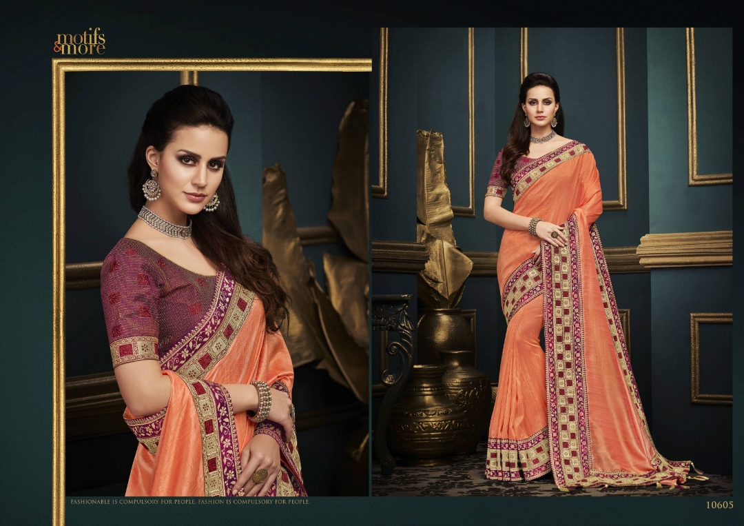 M & M Vol-6 By Motifs & More 10601 To 10615 Series Indian Traditional Wear Collection Beautiful Stylish Fancy Colorful Party Wear & Occasional Wear Fancy Embroidered Sarees At Wholesale Price