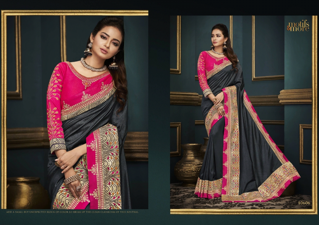 M & M Vol-6 By Motifs & More 10601 To 10615 Series Indian Traditional Wear Collection Beautiful Stylish Fancy Colorful Party Wear & Occasional Wear Fancy Embroidered Sarees At Wholesale Price
