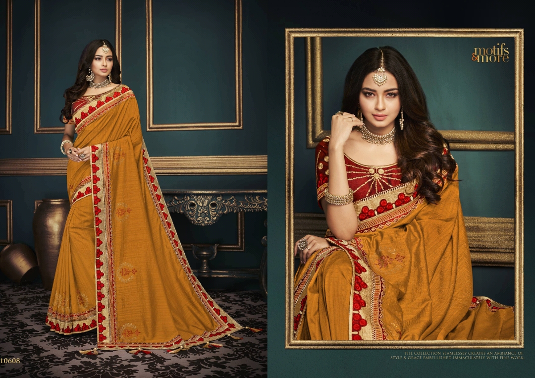 M & M Vol-6 By Motifs & More 10601 To 10615 Series Indian Traditional Wear Collection Beautiful Stylish Fancy Colorful Party Wear & Occasional Wear Fancy Embroidered Sarees At Wholesale Price