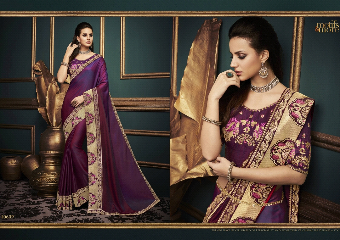 M & M Vol-6 By Motifs & More 10601 To 10615 Series Indian Traditional Wear Collection Beautiful Stylish Fancy Colorful Party Wear & Occasional Wear Fancy Embroidered Sarees At Wholesale Price