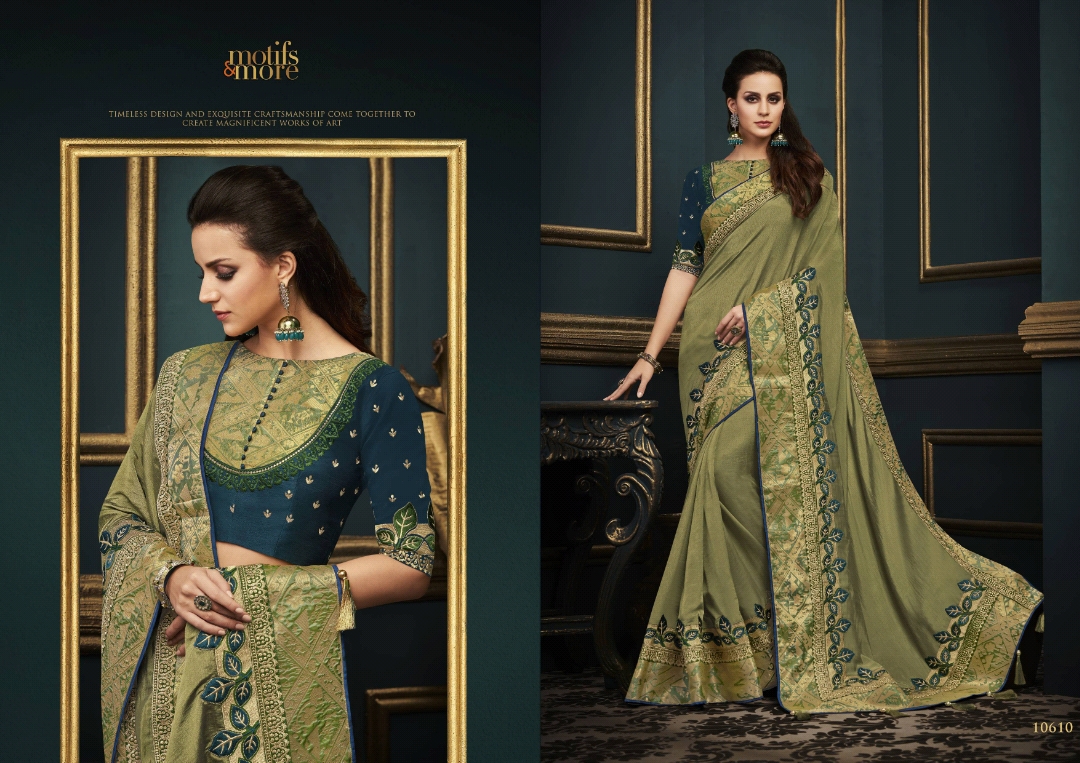 M & M Vol-6 By Motifs & More 10601 To 10615 Series Indian Traditional Wear Collection Beautiful Stylish Fancy Colorful Party Wear & Occasional Wear Fancy Embroidered Sarees At Wholesale Price