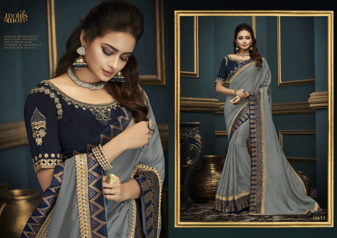 M & M Vol-6 By Motifs & More 10601 To 10615 Series Indian Traditional Wear Collection Beautiful Stylish Fancy Colorful Party Wear & Occasional Wear Fancy Embroidered Sarees At Wholesale Price