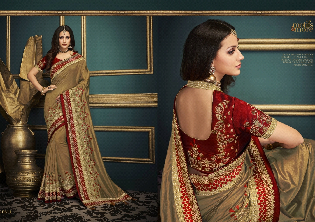 M & M Vol-6 By Motifs & More 10601 To 10615 Series Indian Traditional Wear Collection Beautiful Stylish Fancy Colorful Party Wear & Occasional Wear Fancy Embroidered Sarees At Wholesale Price
