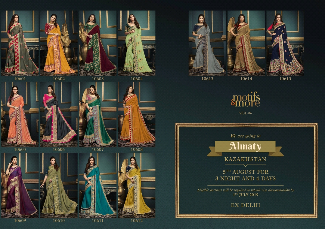 M & M Vol-6 By Motifs & More 10601 To 10615 Series Indian Traditional Wear Collection Beautiful Stylish Fancy Colorful Party Wear & Occasional Wear Fancy Embroidered Sarees At Wholesale Price