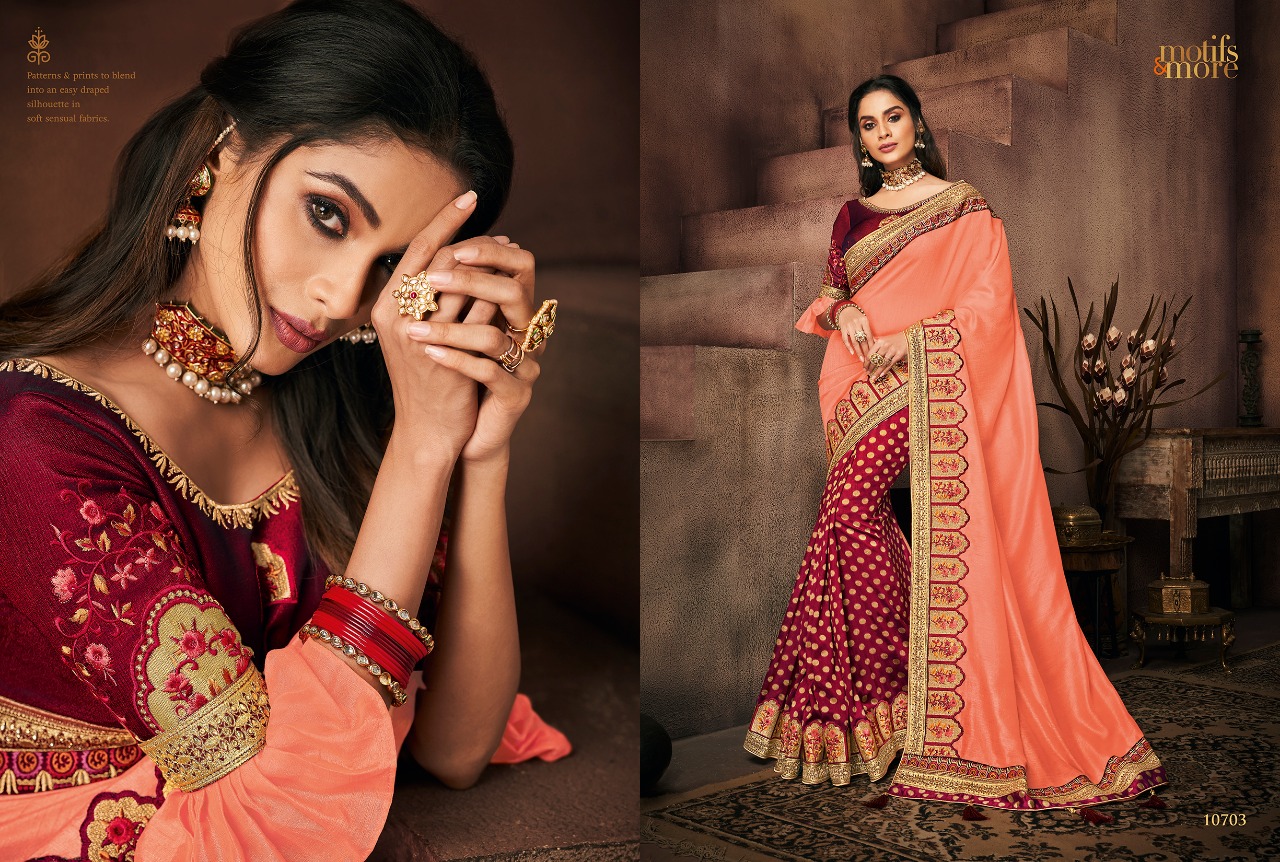 M & M Vol-7 By Motifs & More 10701 To 10715 Series Indian Traditional Wear Collection Beautiful Stylish Fancy Colorful Party Wear & Occasional Wear Fancy Embroidered Sarees At Wholesale Price