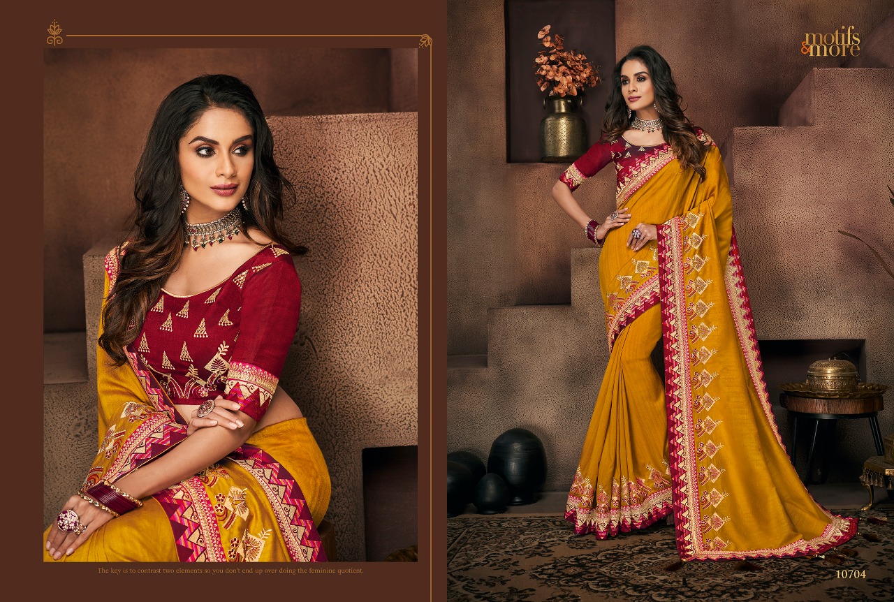 M & M Vol-7 By Motifs & More 10701 To 10715 Series Indian Traditional Wear Collection Beautiful Stylish Fancy Colorful Party Wear & Occasional Wear Fancy Embroidered Sarees At Wholesale Price