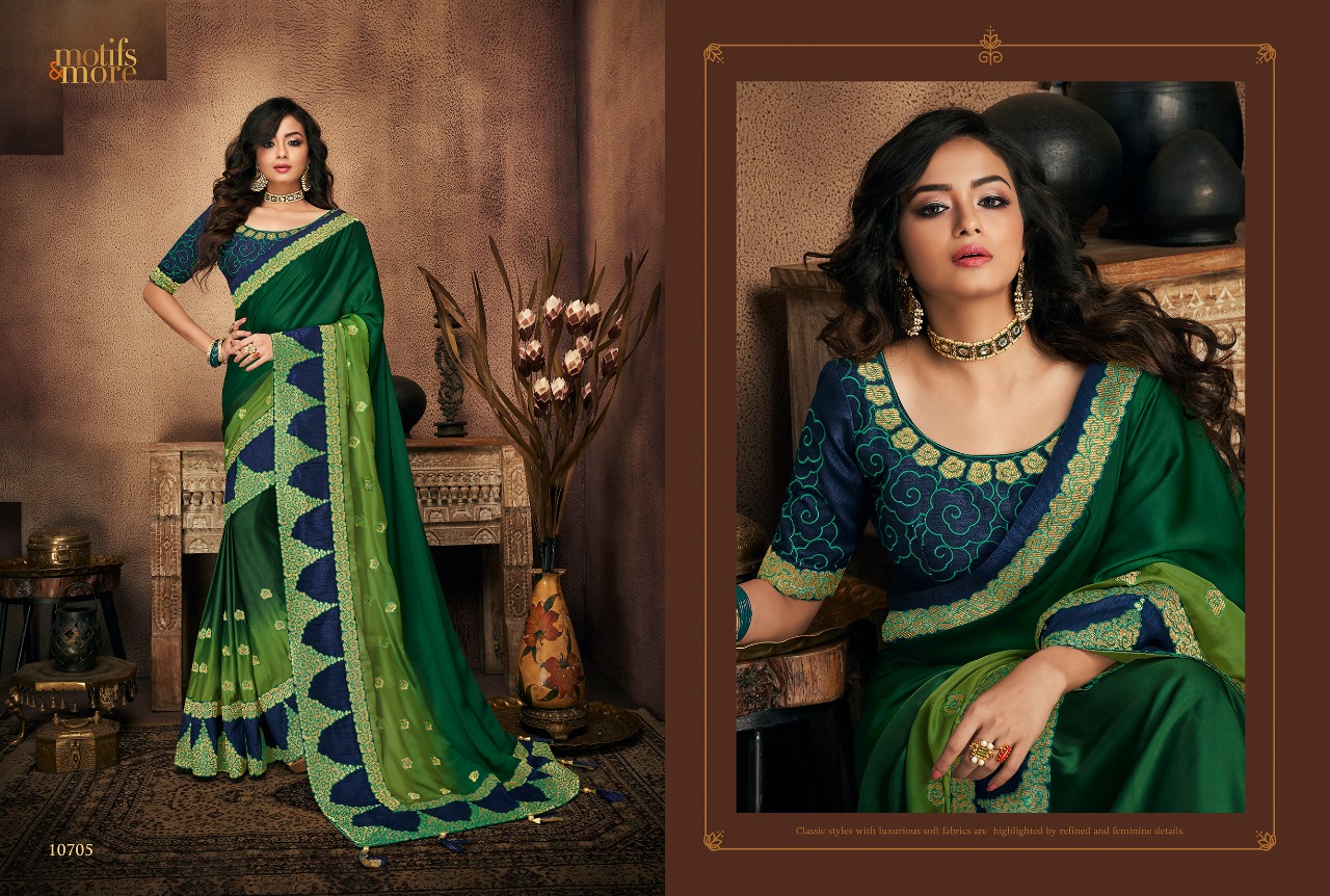 M & M Vol-7 By Motifs & More 10701 To 10715 Series Indian Traditional Wear Collection Beautiful Stylish Fancy Colorful Party Wear & Occasional Wear Fancy Embroidered Sarees At Wholesale Price