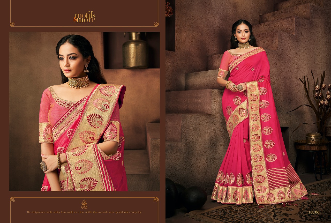 M & M Vol-7 By Motifs & More 10701 To 10715 Series Indian Traditional Wear Collection Beautiful Stylish Fancy Colorful Party Wear & Occasional Wear Fancy Embroidered Sarees At Wholesale Price