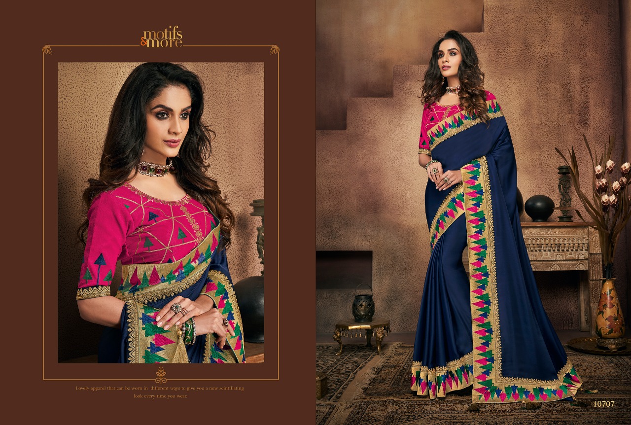 M & M Vol-7 By Motifs & More 10701 To 10715 Series Indian Traditional Wear Collection Beautiful Stylish Fancy Colorful Party Wear & Occasional Wear Fancy Embroidered Sarees At Wholesale Price