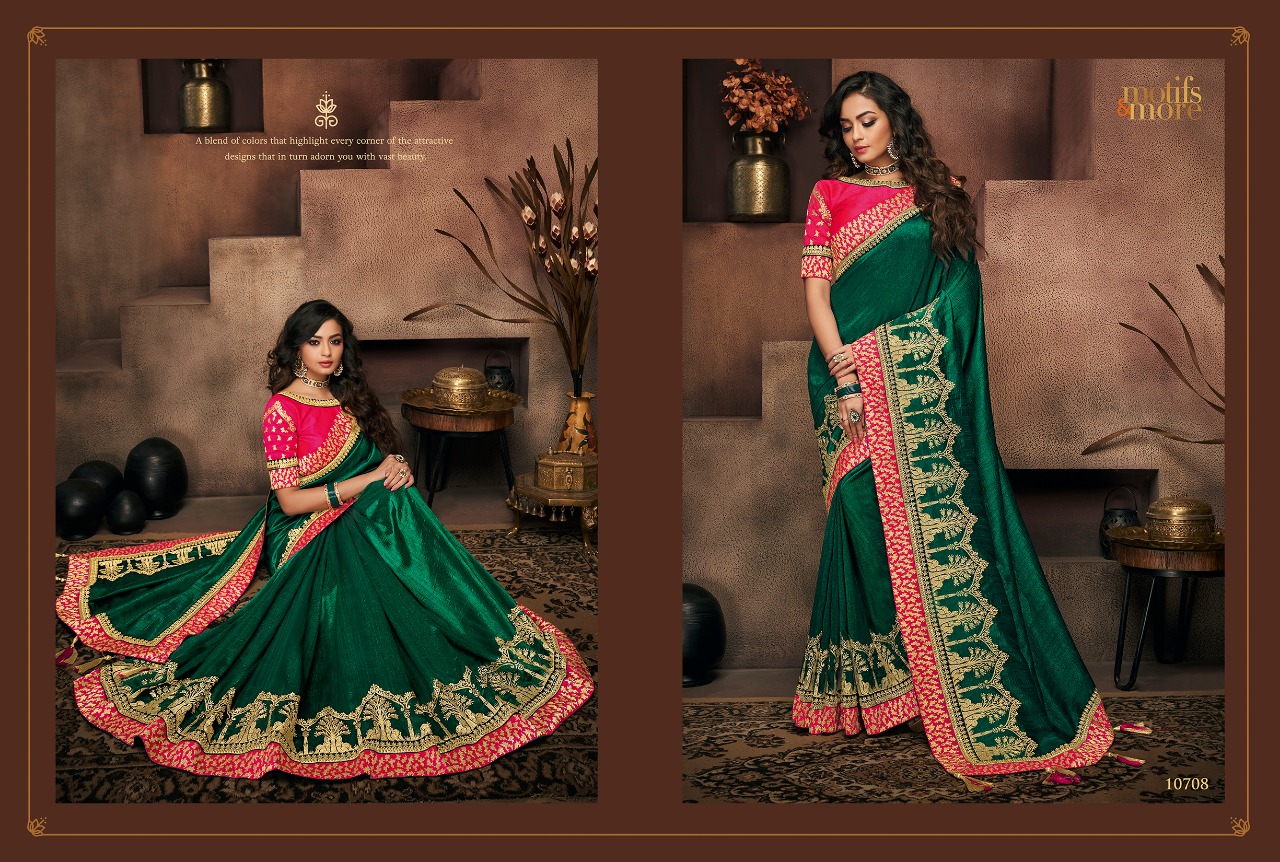 M & M Vol-7 By Motifs & More 10701 To 10715 Series Indian Traditional Wear Collection Beautiful Stylish Fancy Colorful Party Wear & Occasional Wear Fancy Embroidered Sarees At Wholesale Price
