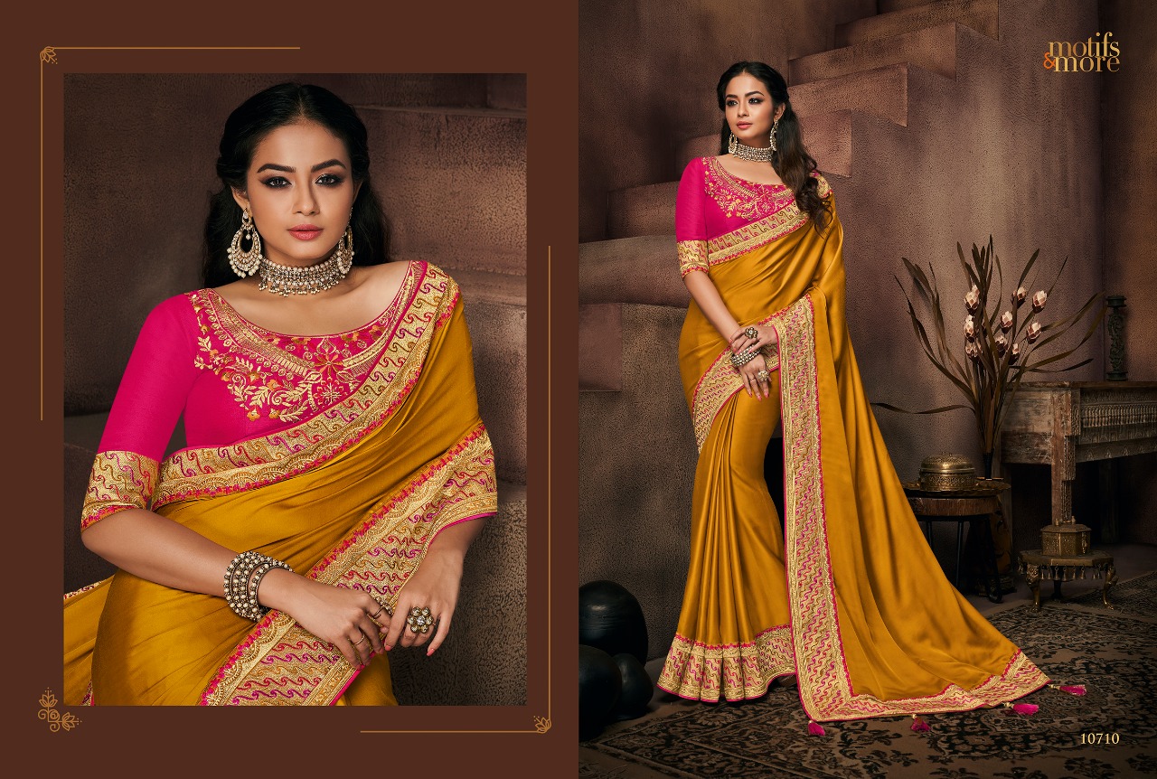 M & M Vol-7 By Motifs & More 10701 To 10715 Series Indian Traditional Wear Collection Beautiful Stylish Fancy Colorful Party Wear & Occasional Wear Fancy Embroidered Sarees At Wholesale Price