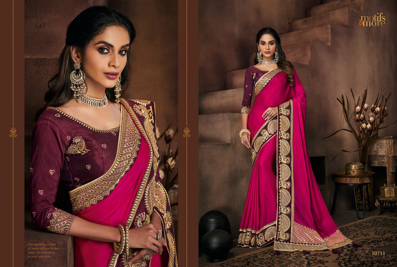 M & M Vol-7 By Motifs & More 10701 To 10715 Series Indian Traditional Wear Collection Beautiful Stylish Fancy Colorful Party Wear & Occasional Wear Fancy Embroidered Sarees At Wholesale Price