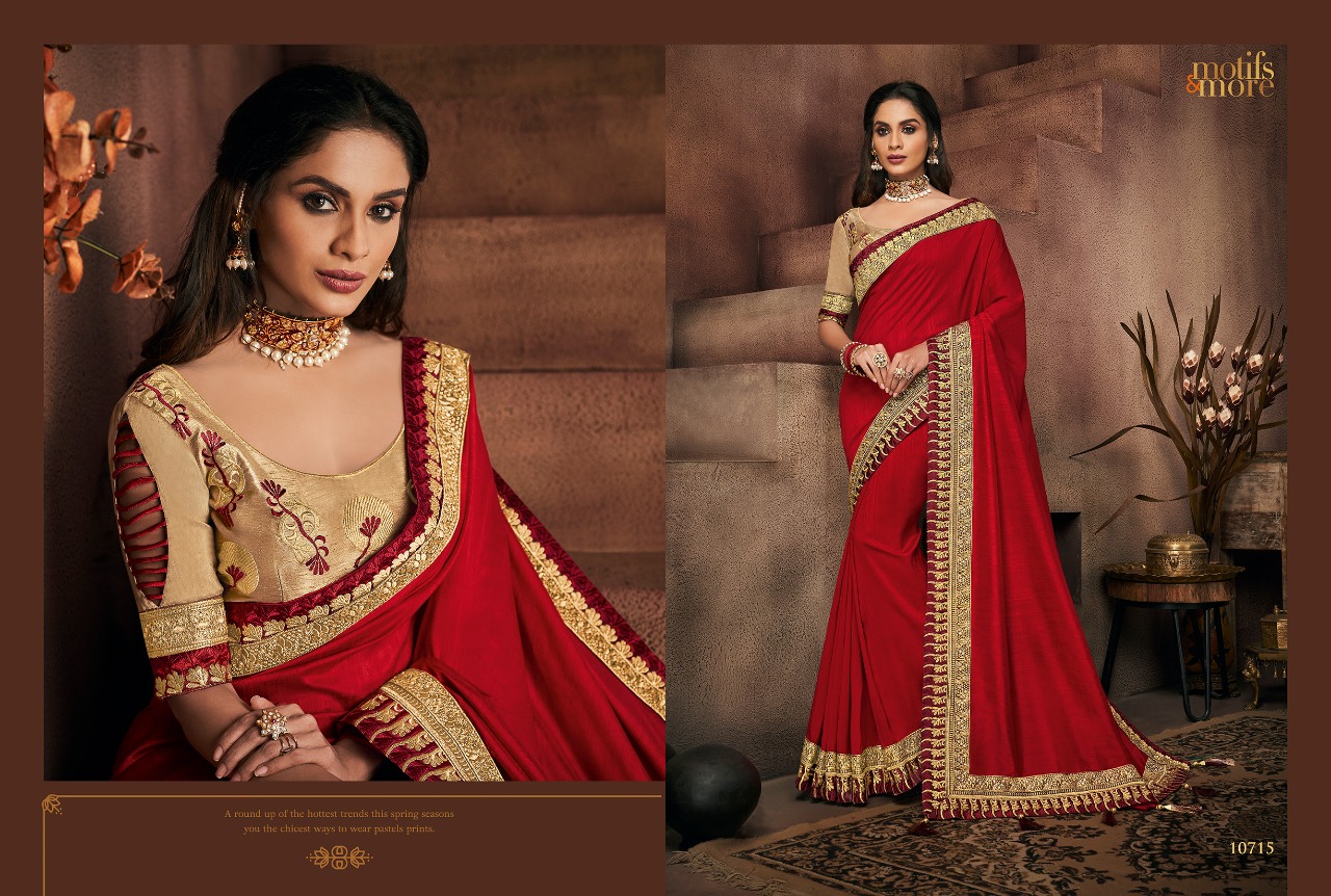 M & M Vol-7 By Motifs & More 10701 To 10715 Series Indian Traditional Wear Collection Beautiful Stylish Fancy Colorful Party Wear & Occasional Wear Fancy Embroidered Sarees At Wholesale Price