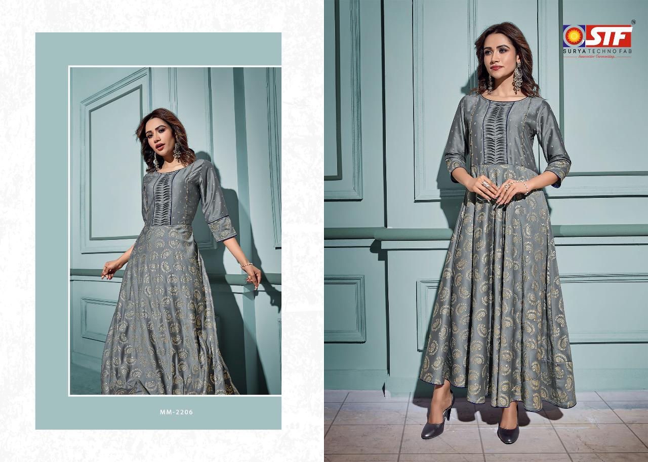 Maanyata Vol-2 Surya Techno Fab 2201 To 2206 Series Gowns Collection Beautiful Stylish Fancy Colorful Party Wear & Occasional Wear Light Weight Satin Silk Gowns At Wholesale Price