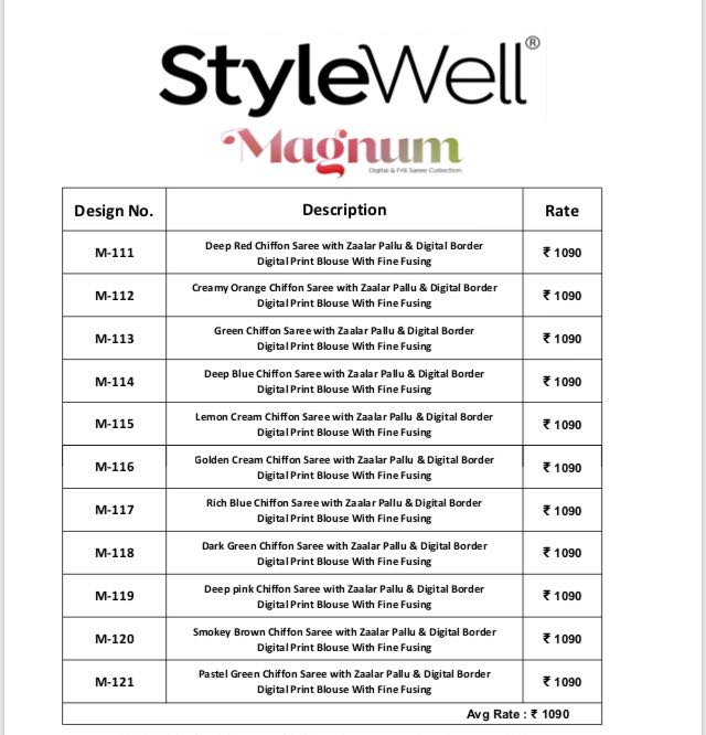 Magnum By Stylewell 111 To 121 Series Indian Traditional Wear Collection Beautiful Stylish Fancy Colorful Party Wear & Occasional Wear Chiffon Digital Printed Sarees At Wholesale Price