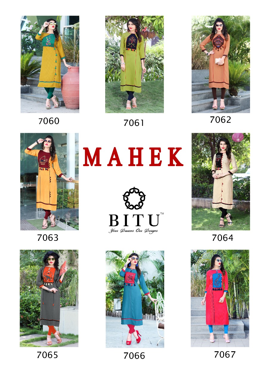 Mahek By Bitu 7060 To 7067 Series Stylish Beautiful Fancy Colorful Casual Wear & Ethnic Wear Heavy Rayon Embroidered Kurtis At Wholesale Price