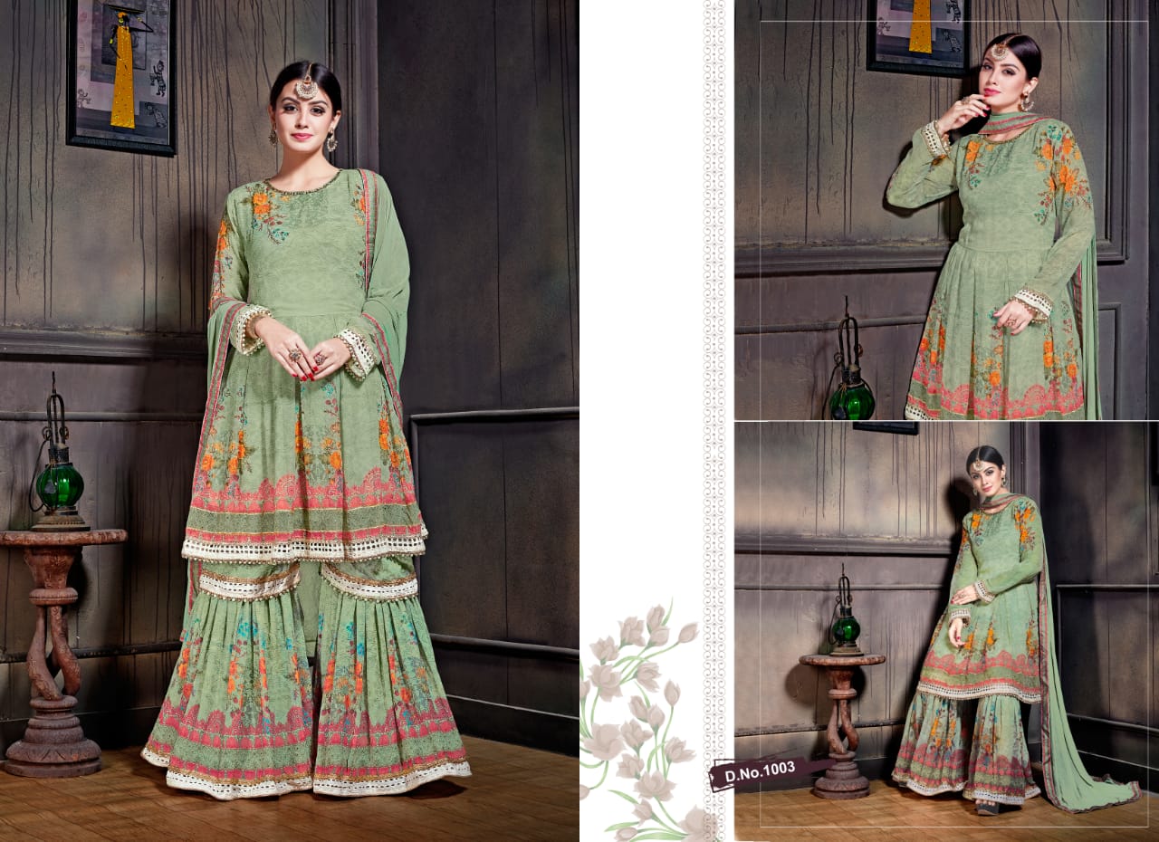 Maira Vol-2 By Virat Creation 1001 To 1004 Series Beautiful Gharara Suits Stylish Fancy Colorful Party Wear & Ethnic Wear Faux Georgette Digital Embroidered Dresses At Wholesale Price