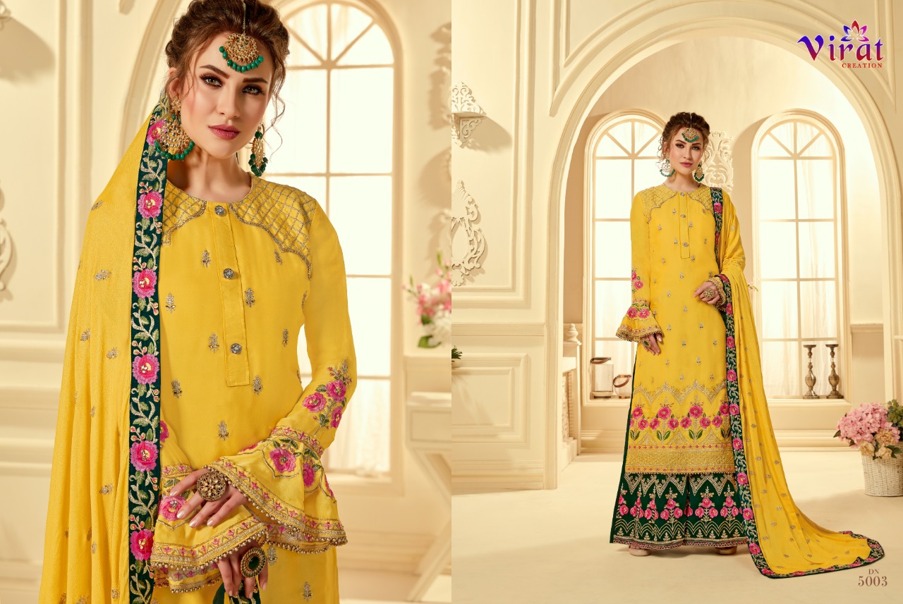 Maira Vol-5 By Virat Creation 5001 To 5003 Series Designer Anarkali Collection Beautiful Stylish Fancy Colorful Party Wear & Occasional Wear Satin Georgette Embroidered Dresses At Wholesale Price