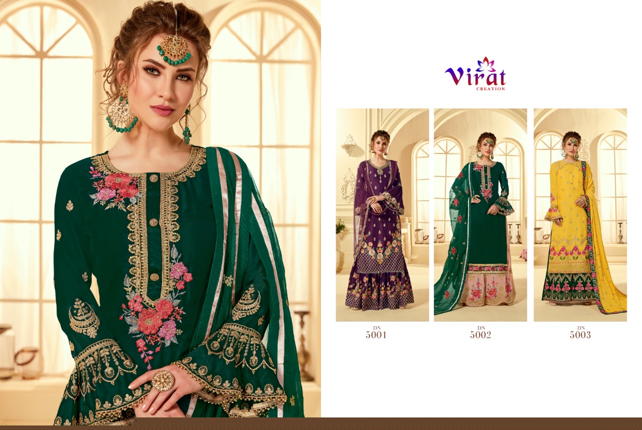 Maira Vol-5 By Virat Creation 5001 To 5003 Series Designer Anarkali Collection Beautiful Stylish Fancy Colorful Party Wear & Occasional Wear Satin Georgette Embroidered Dresses At Wholesale Price