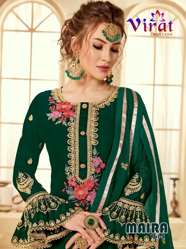 Maira Vol-5 By Virat Creation 5001 To 5003 Series Designer Anarkali Collection Beautiful Stylish Fancy Colorful Party Wear & Occasional Wear Satin Georgette Embroidered Dresses At Wholesale Price