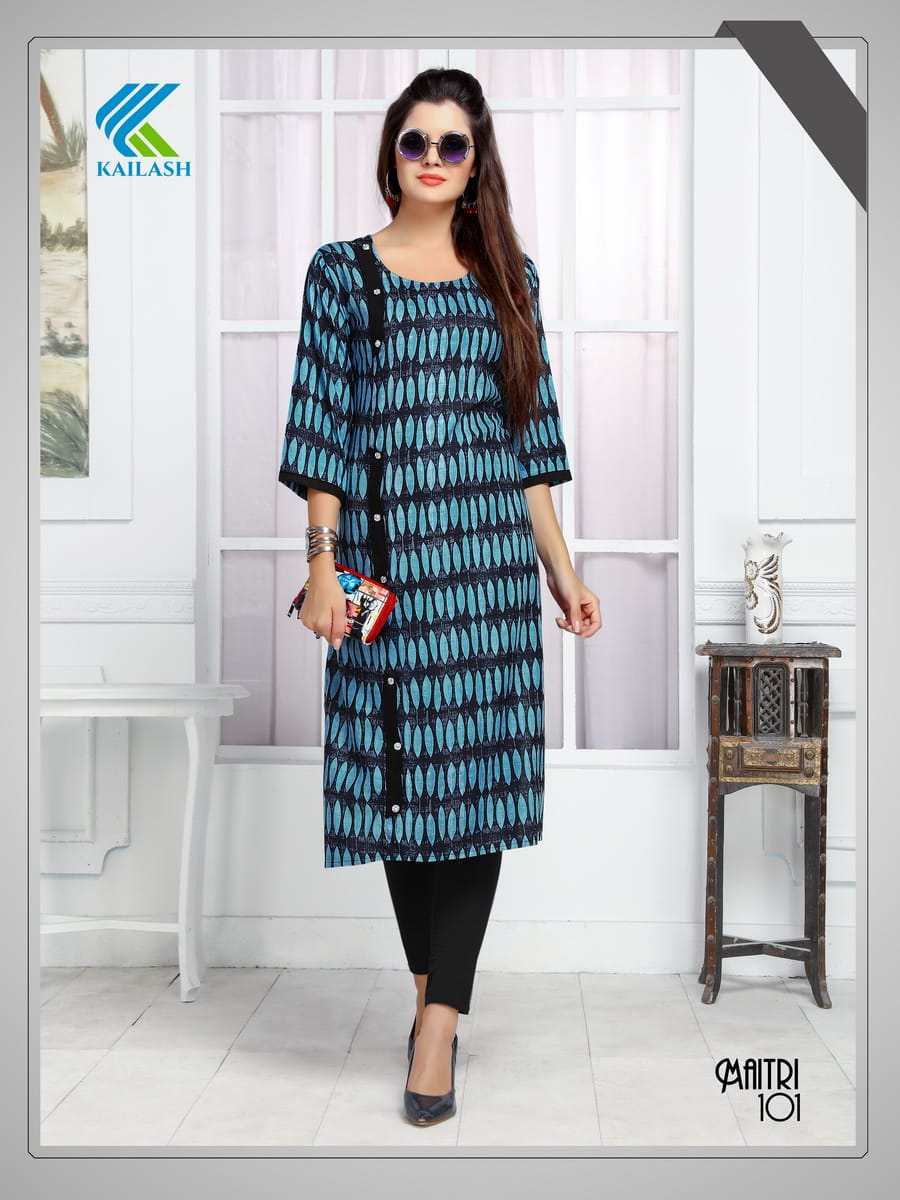 Maitri By Kailash 101 To 106 Series Beautiful Colorful Stylish Fancy Casual Wear & Ethnic Wear & Ready To Wear Rayon Printed Kurtis At Wholesale Price