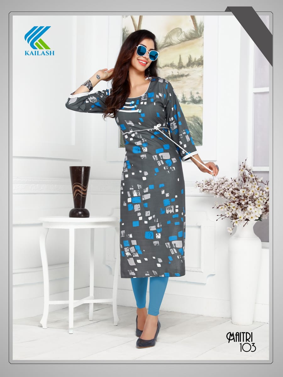 Maitri By Kailash 101 To 106 Series Beautiful Colorful Stylish Fancy Casual Wear & Ethnic Wear & Ready To Wear Rayon Printed Kurtis At Wholesale Price