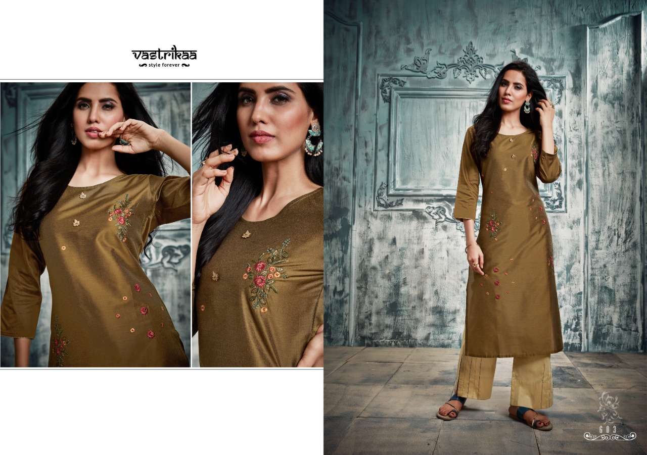 Majesty By Vastrikaa 601 To 606 Series Stylish Fancy Colorful Collection Casual Wear & Ethnic Wear Handloom Chanderi Silk With Two Tone Embroidery Kurtis At Wholesale Price