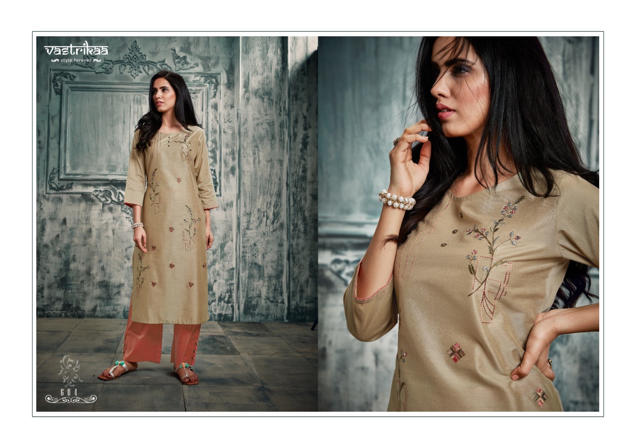 Majesty By Vastrikaa 601 To 606 Series Stylish Fancy Colorful Collection Casual Wear & Ethnic Wear Handloom Chanderi Silk With Two Tone Embroidery Kurtis At Wholesale Price