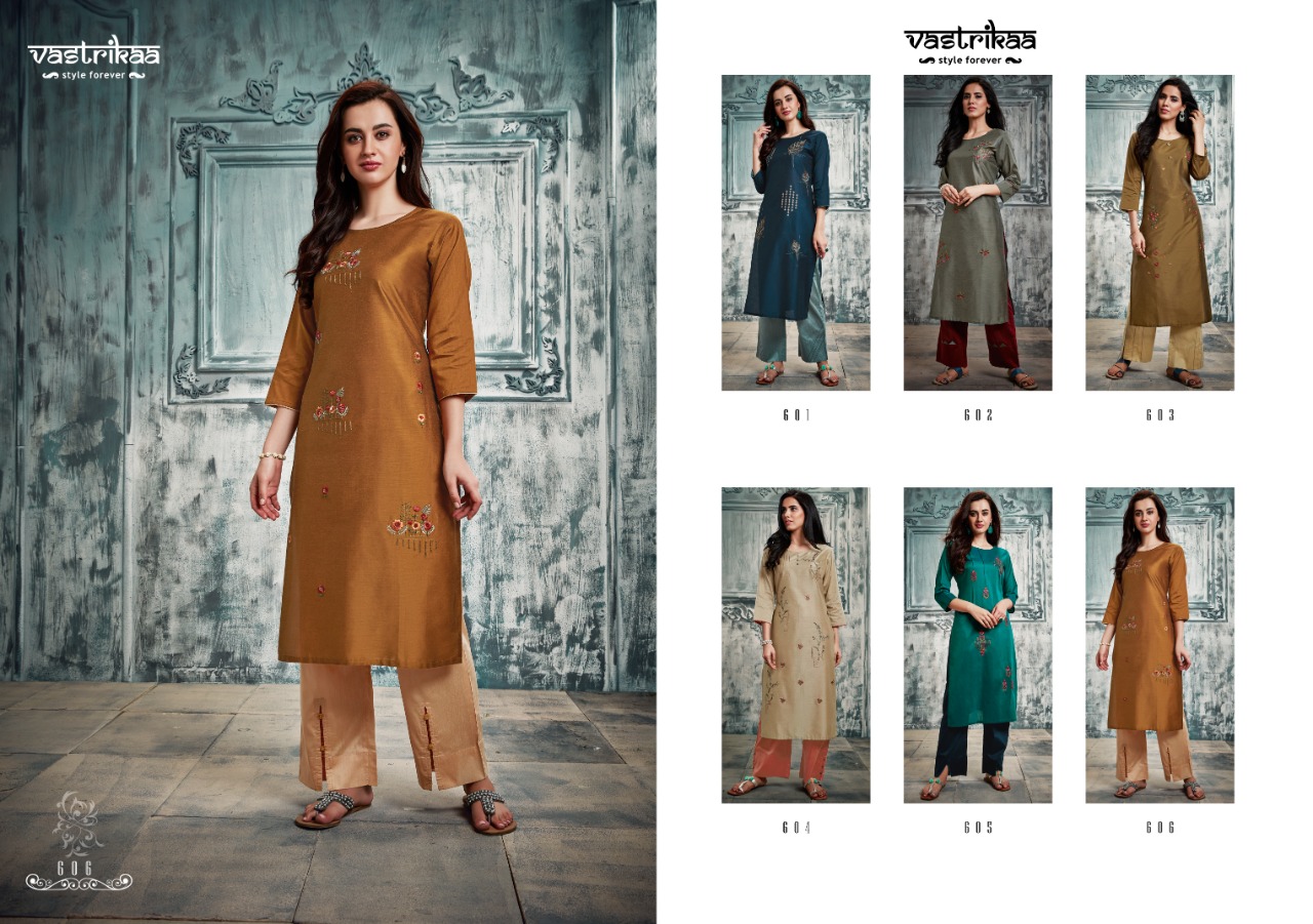 Majesty By Vastrikaa 601 To 606 Series Stylish Fancy Colorful Collection Casual Wear & Ethnic Wear Handloom Chanderi Silk With Two Tone Embroidery Kurtis At Wholesale Price